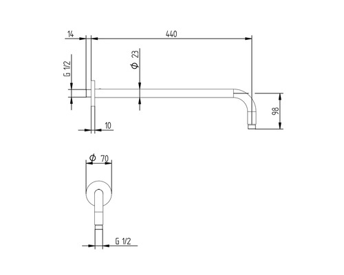 Technický nákres nástěnného výtoku s rozměry