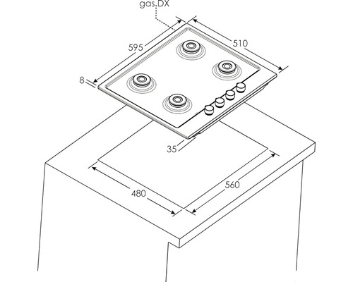 Technický nákres plynové varné desky s rozměry pro instalaci.