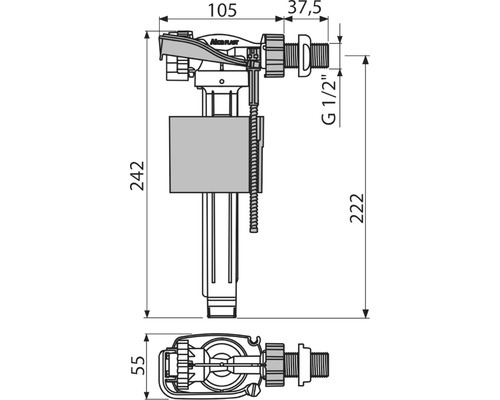 Technický výkres napouštěcího ventilu Alcaplast s rozměry