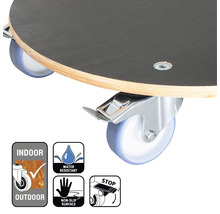 Pojízdná deska s kolečky a informacemi o použití v interiéru i exteriéru, voděodolnosti, protiskluzovém povrchu a funkci zastavení