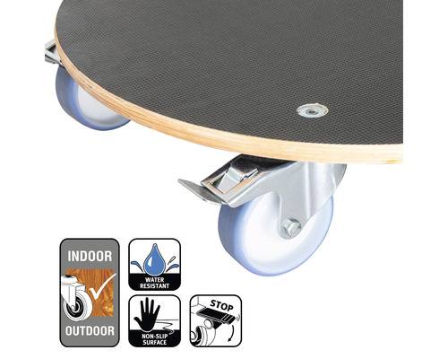 Pojízdná deska s kolečky a informacemi o použití v interiéru i exteriéru, voděodolnosti, protiskluzovém povrchu a funkci zastavení