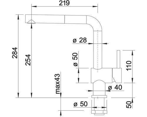 Technický nákres kuchyňské baterie s rozměry