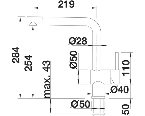 Technický nákres kuchyňské baterie s rozměry