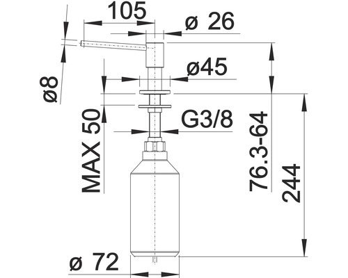 Technický nákres dávkovače mýdla s rozměry