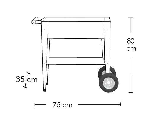 Nákres servírovacího vozíku o rozměrech 80 x 75 x 35 cm.