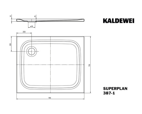 Technický nákres sprchové vaničky Kaldewei Superplan s rozměry
