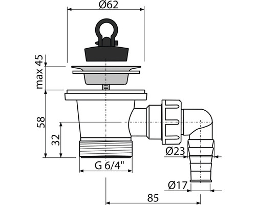 Technický výkres dřezového odpadu se zátkou a rozměry