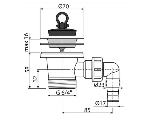 Technický nákres vypouštěcího ventilu s rozměry