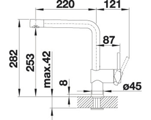 Technický nákres kuchyňské baterie s rozměry.