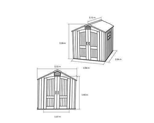 Technický nákres zahradního domku s rozměry