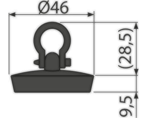 Technický výkres kruhového magnetu o rozměrech 46 milimetrů v průměru, 28,5 milimetrů na výšku a 9,5 milimetrů na výšku podstavce