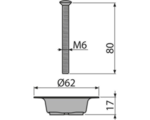 Technický nákres ventilu s rozměry M6, průměrem 62 mm a výškou 80 mm