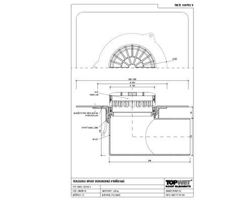 Vodorovná vyhřívaná terasová vpust TOPWET s integrovanou PVC manžetou, DN 110