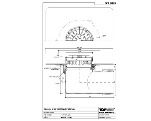 Vodorovná vyhřívaná terasová vpust TOPWET s integrovanou bitumenovou manžetou, DN 125