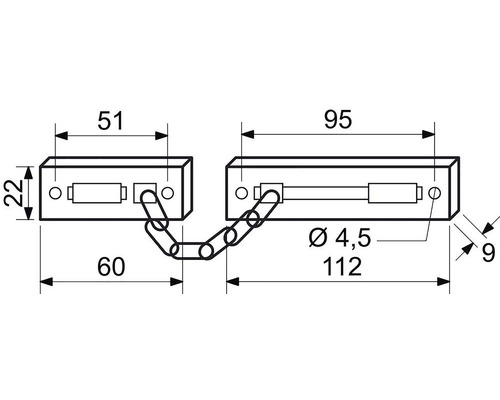 Technický nákres dveřního omezovače s řetězem a rozměry