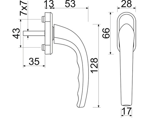 Technický nákres okenní kliky s rozměry