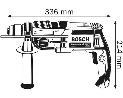Příklepová vrtačka Bosch GSB 20-2 Professional s rozměry 336 mm délka a 214 mm výška.