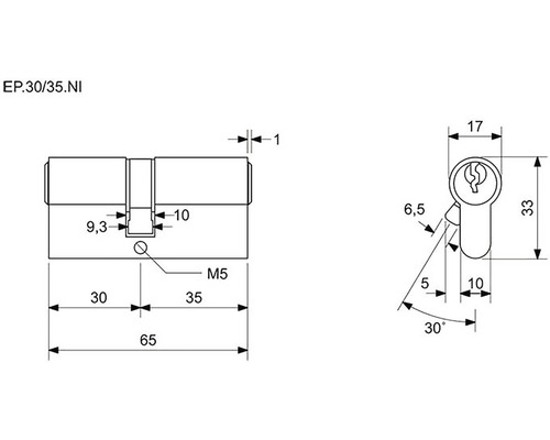 Technický nákres cylindrického zámku s rozměry