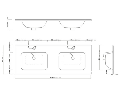 Technický nákres dvojitého umyvadla s rozměry