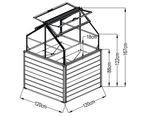 Obrázek vyvýšeného záhonu se skleníkem s rozměry.