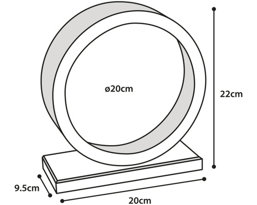 Produktový nákres kulatého zrcadla s podstavcem a rozměry