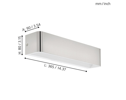 Nástěnné svítidlo o rozměrech 365 x 90 x 80 milimetrů.