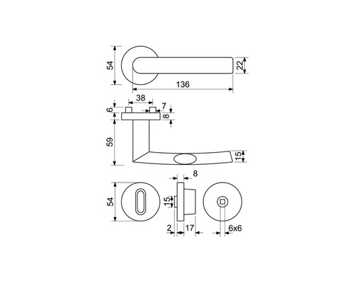 Technický nákres kliky dveří s rozměry