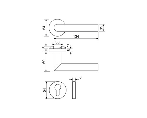 Technický nákres kliky dveří s rozměry