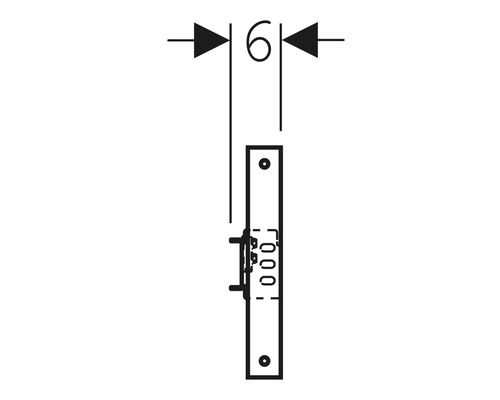 Technický nákres dveřního zámku s uvedením vzdálenosti 6 milimetrů