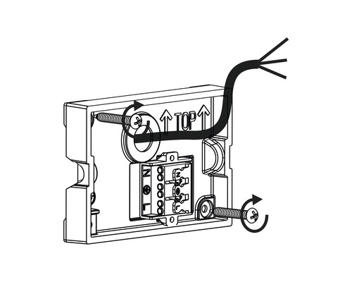 Ilustrace instalační krabice se šrouby a kabelem