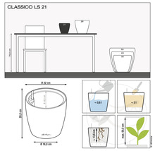 Technický výkres květináče Classico LS 21 s rozměry a objemy náplně.