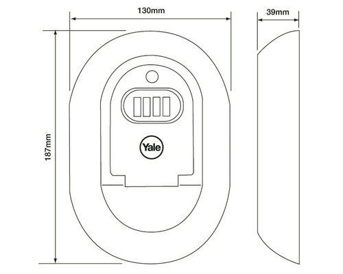 Technický výkres trezoru na klíče Yale o rozměrech 187 mm výška, 130 mm šířka a 39 mm hloubka