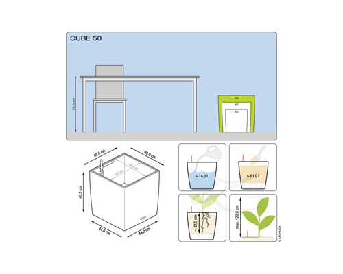 Nákres produktu Květináč Lechuza Cube 50 s rozměry a pokyny pro plnění