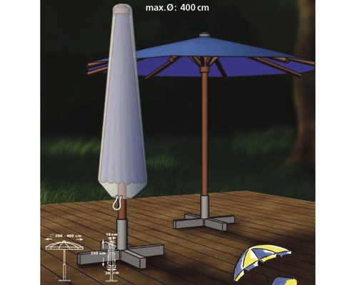 Dva slunečníky, jeden zavřený s ochranným obalem, druhý otevřený