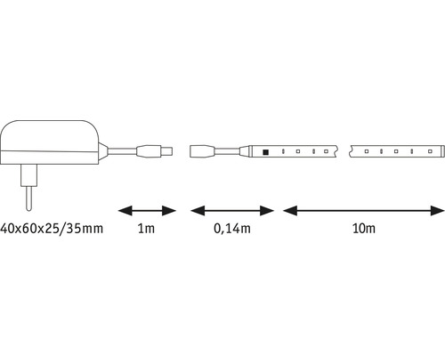 Obrázek LED pásku o rozměrech 40x60x25/35 mm, 1 m, 0,14 m a 10 m.