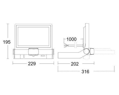 Rozměrový nákres zobrazovacího zařízení s rozměry 195, 229, 1000, 202 a 316 milimetrů.