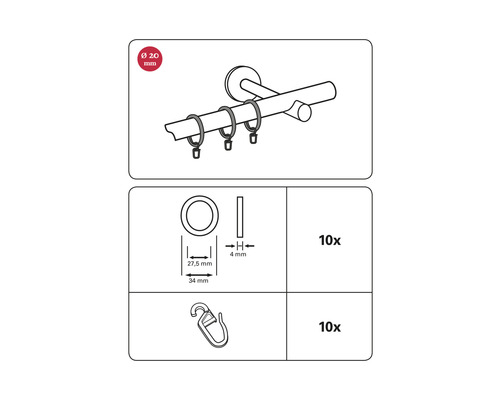 Technický nákres kroužků na závěsy o průměru 20 milimetrů a háčků na závěsy, 10 kusů