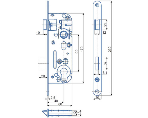 Technický výkres zadlabacího zámku s rozměry