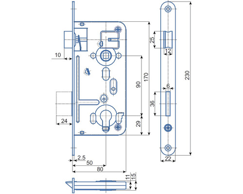 Technický nákres zadlabacího zámku s rozměry
