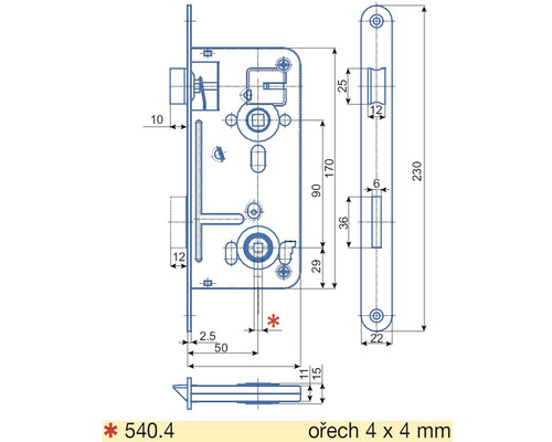 Technický nákres zámku dveří s rozměry