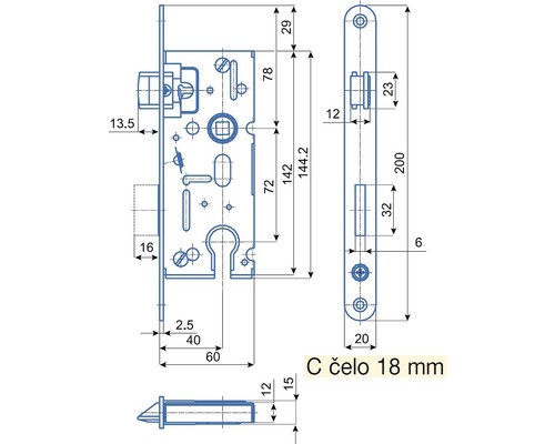 Technický výkres zadlabacího zámku s rozměry