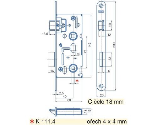 Technický nákres zámku dveří ABUS s rozměry