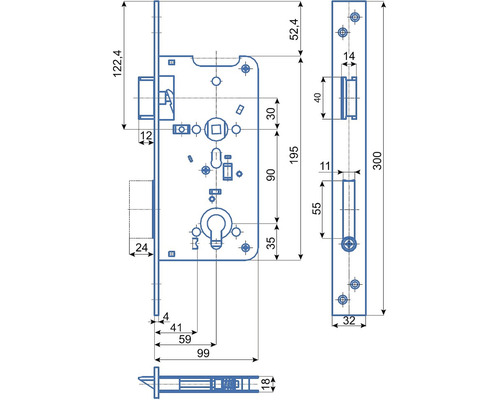 Technický nákres zámku dveří s rozměry
