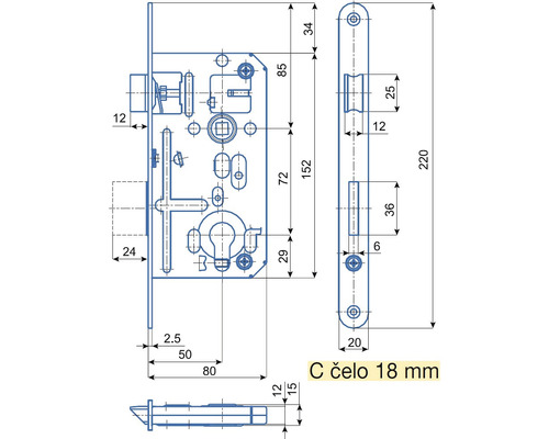 Technický výkres zadlabacího zámku s rozměry