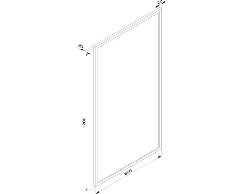 Technický nákres sprchové stěny o rozměrech 1200 x 650 mm