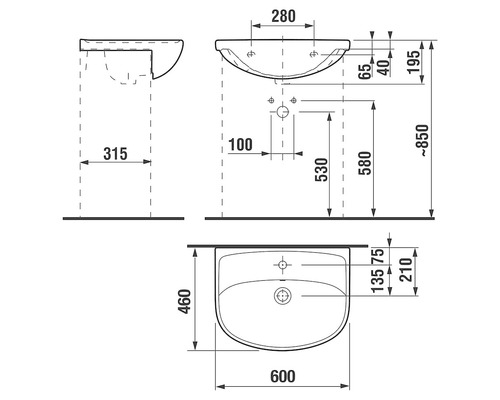 Technický nákres umyvadla s rozměry