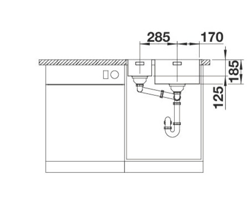 Technický nákres dřezu s rozměry pro plánování kuchyně