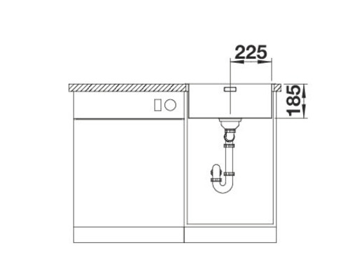 Schéma kuchyňského dřezu se spodní skříňkou a rozměry 225 a 185.