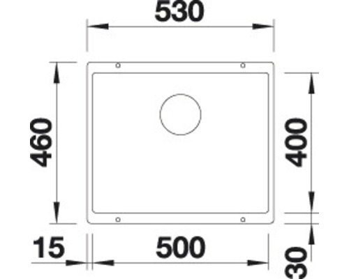 Technický nákres dřezu s rozměry: 530, 460, 500, 400, 30 a 15.