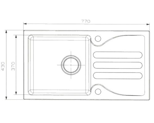 Výkres kuchyňského dřezu o rozměrech 770 krát 430 milimetrů.
